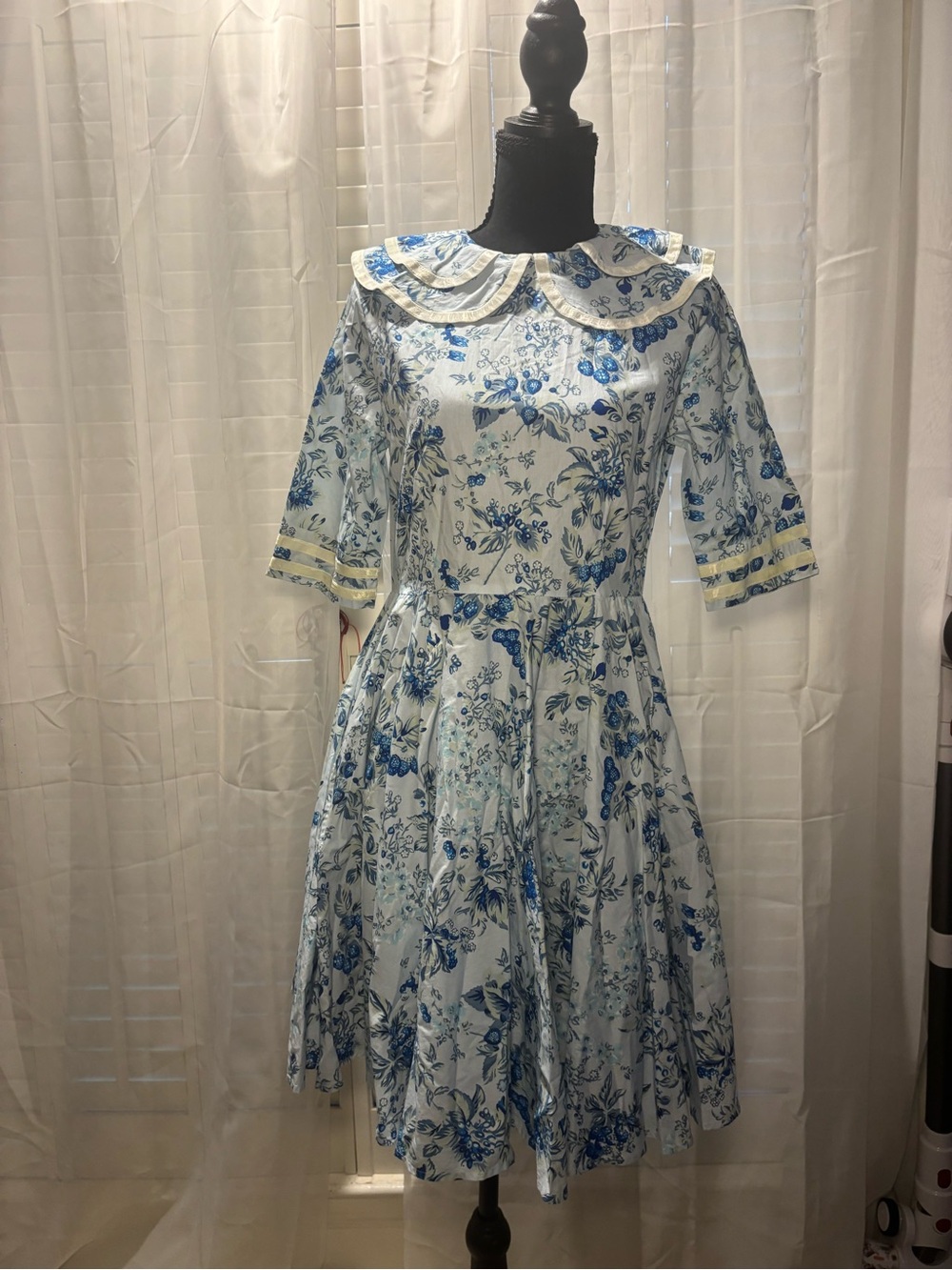 Batsheva White and Blue Botanical Midi Dress with Double Collar